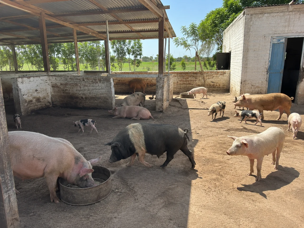 Illustration représentative — vue large des enclos de la ferme porcine à Mandelia