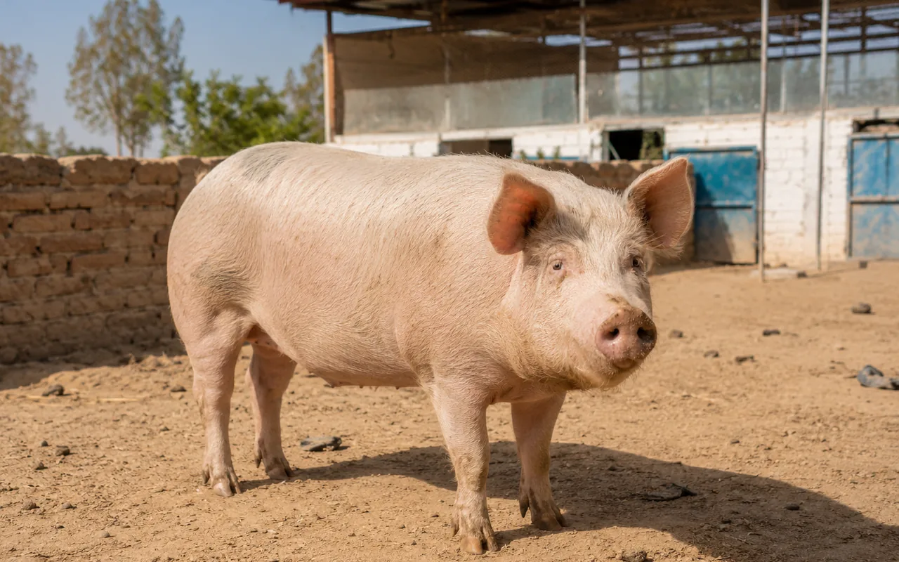 Illustration représentative — porc adulte dans un enclos de la ferme à Mandelia